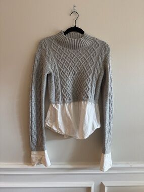 Maeve Anthropologie Gray Cable-Knit Mock Neck Sweater with Shirt Hem
